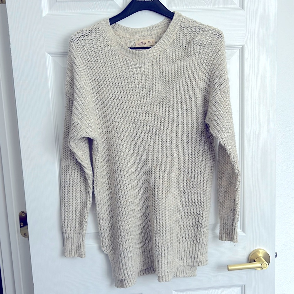 Oversized Long Knit Super Soft Sweater Long Sleeve Hollister Crew Neck Off-White